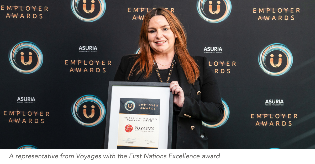 A representative from Voyages with the First Nations Excellence award