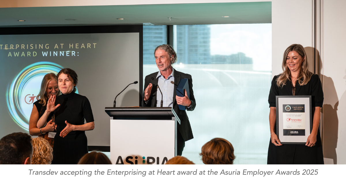 Transdev accepting the Enterprising at Heart award at the Asuria Employer Awards 2025