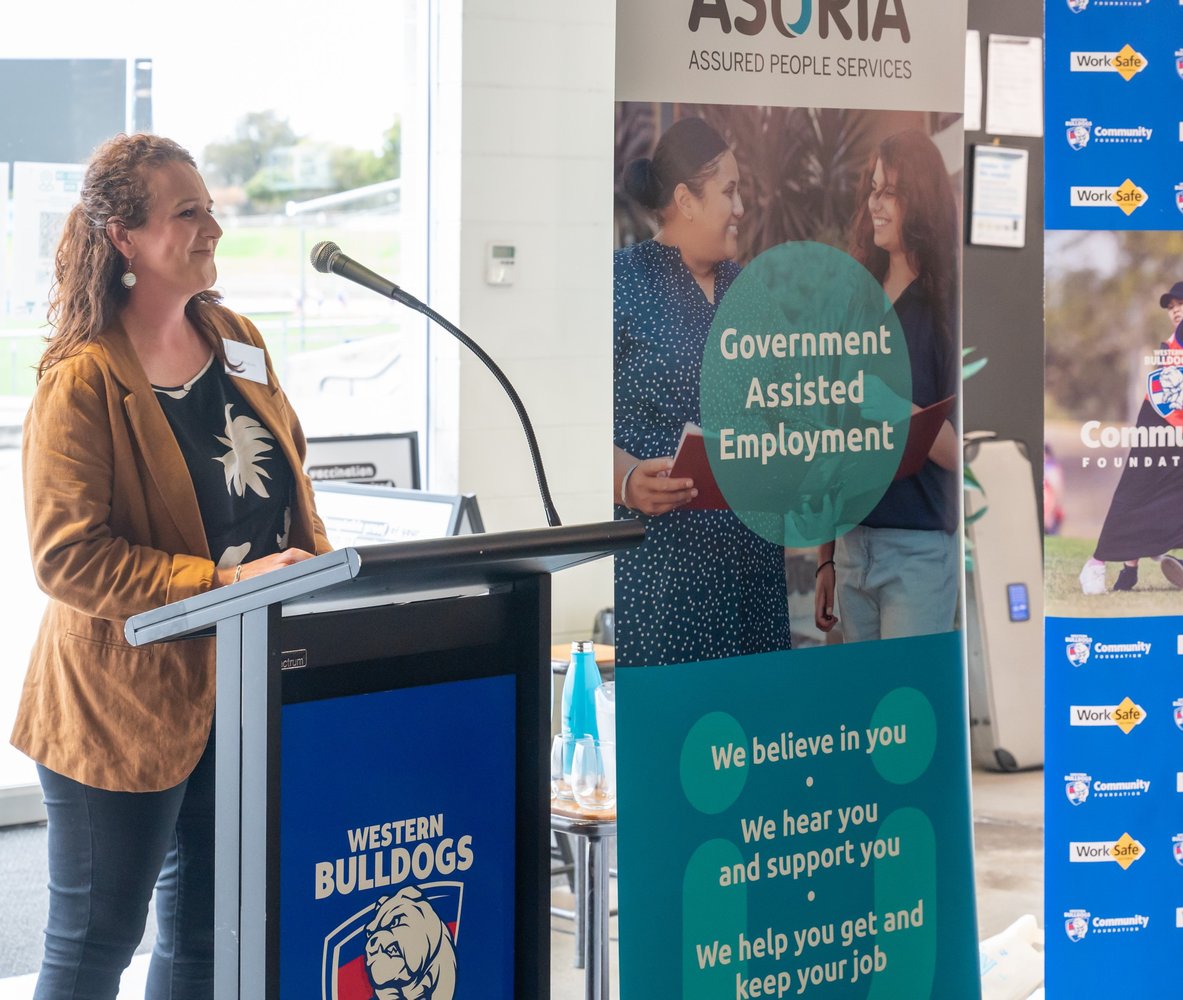 hief Executive Officer of Jobs Victoria, Lisa Buckingham  smiling while giving a speech at the Asuria Jobs Victoria Employment Services Launch