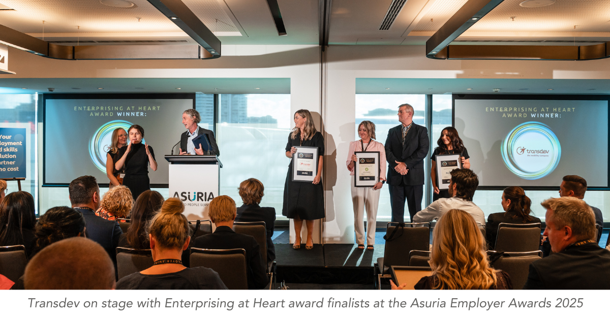 Transdev on stage with Enterprising at Heart award finalists at the Asuria Employer Awards 2025